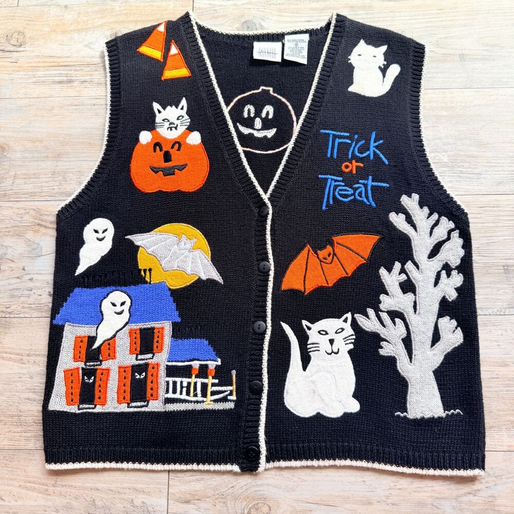 Vintage Halloween Sweater Vest Medium Cats Ghosts Haunted House Trick or Treat